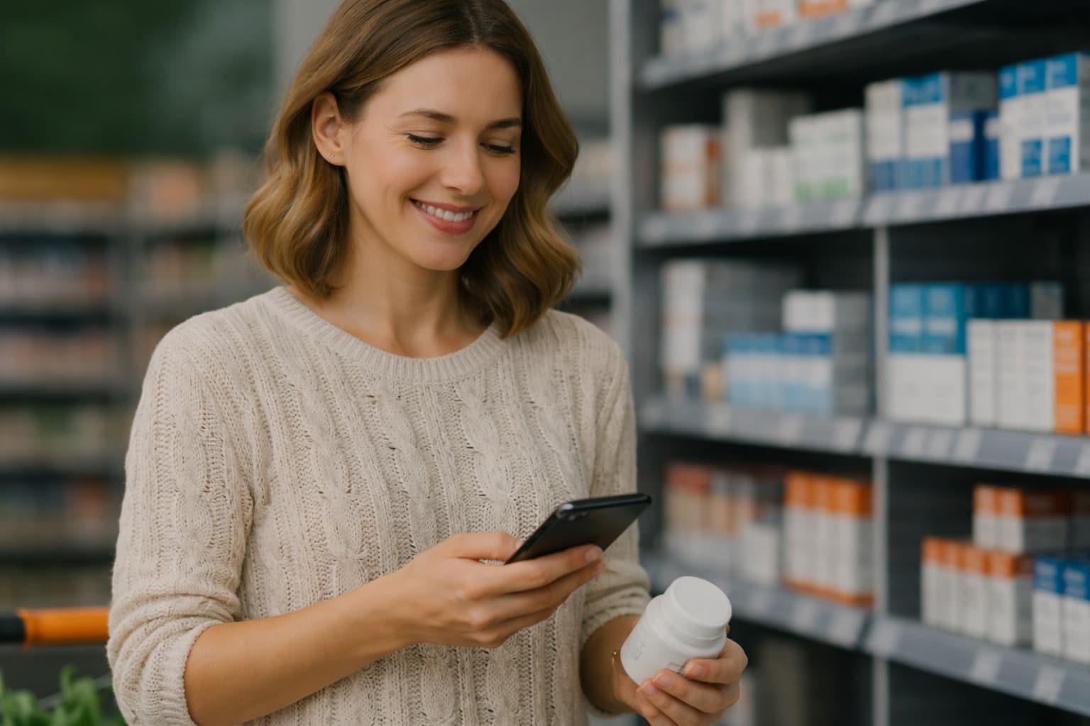 Femme utilisant l'application Racyne pour vérifier ses médicaments